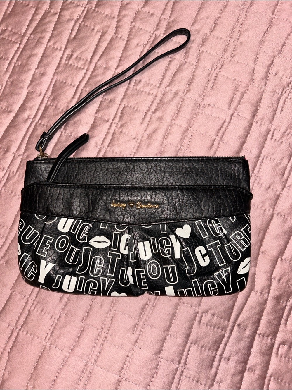 Juicy Couture Black and White Logo Wristlet Clutch with Gold Accent